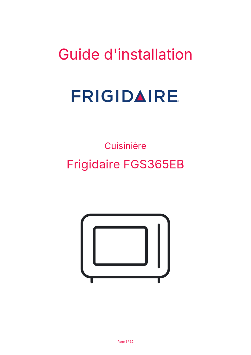 Page n°1 - Guide d'installation Frigidaire FGS365EB