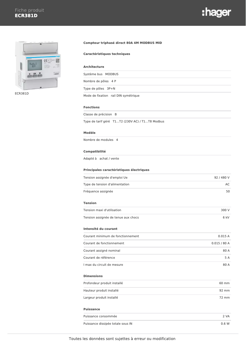 Page n°1 - Fiche technique Hager ECR381D