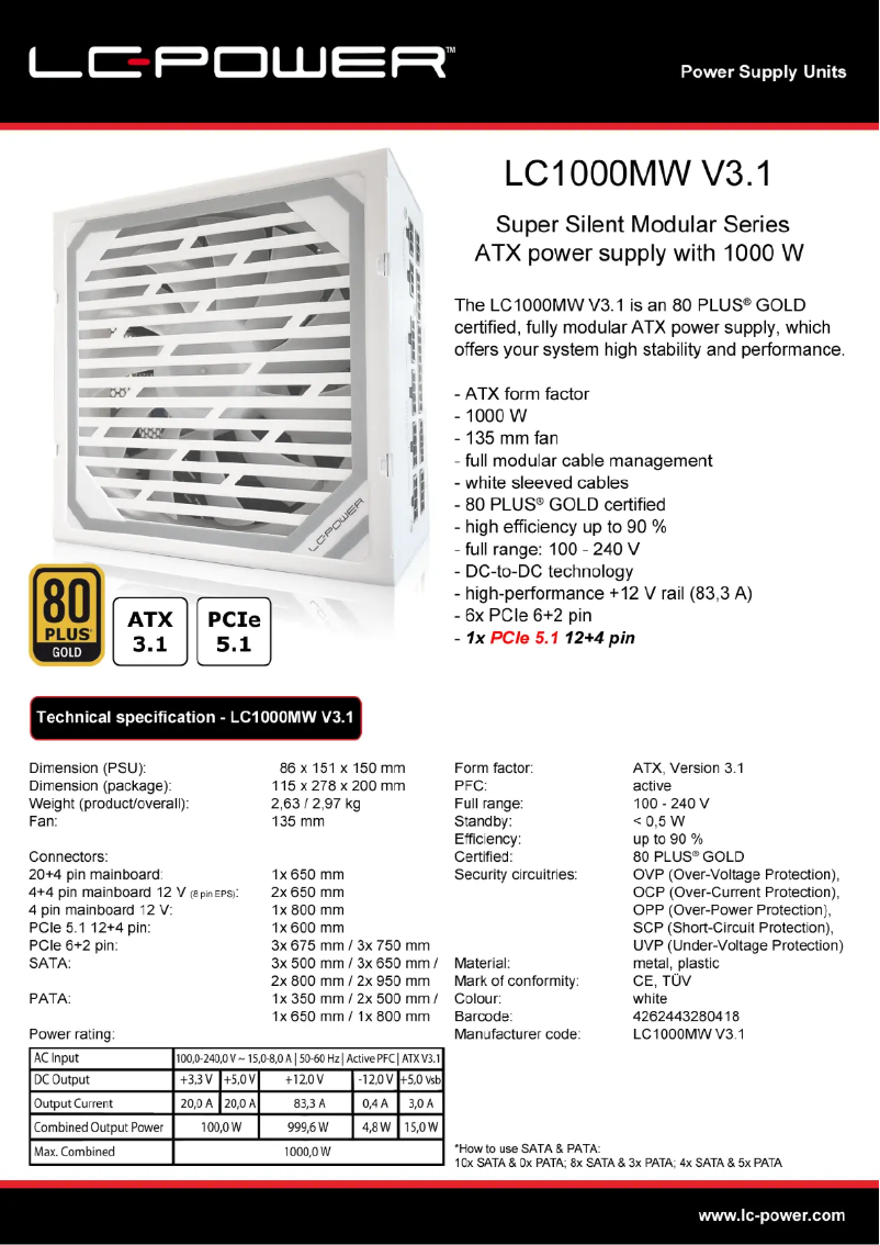 Página 1 del manual Ficha técnica LC-Power LC1000MW V3.1