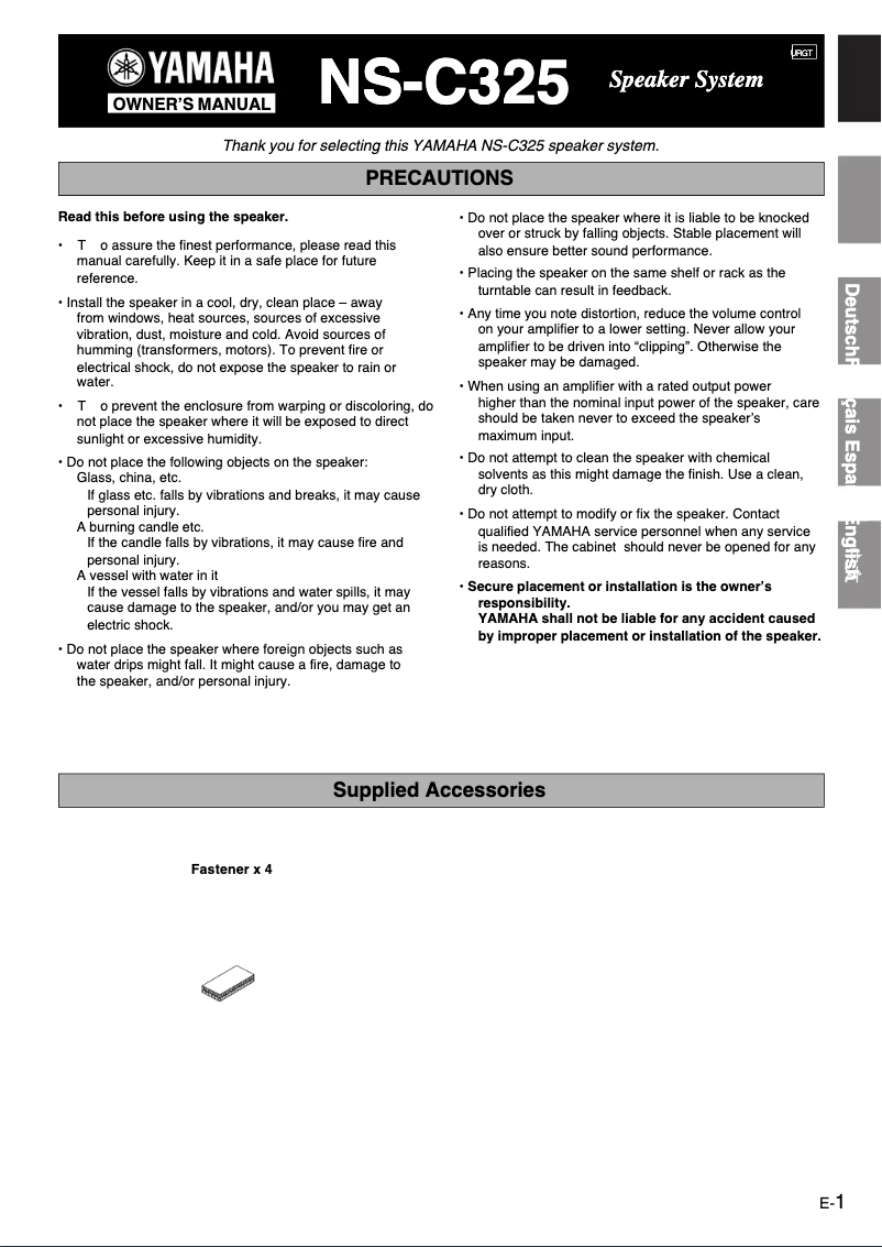 Page n°1 - Manuel utilisateur Yamaha NS-C325