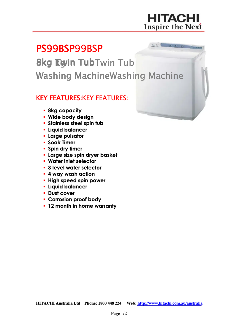 Page 1 de la notice Fiche technique Hitachi PS99BSP