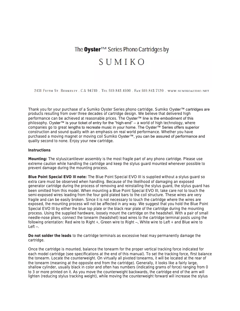 Page 1 de la notice Manuel utilisateur Pro-Ject Sumiko Blue Point Special EVO III