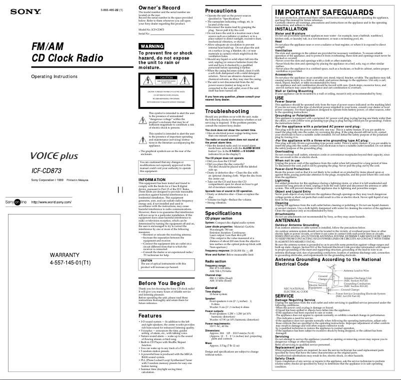 Page 1 de la notice Manuel utilisateur Sony ICF-CD873