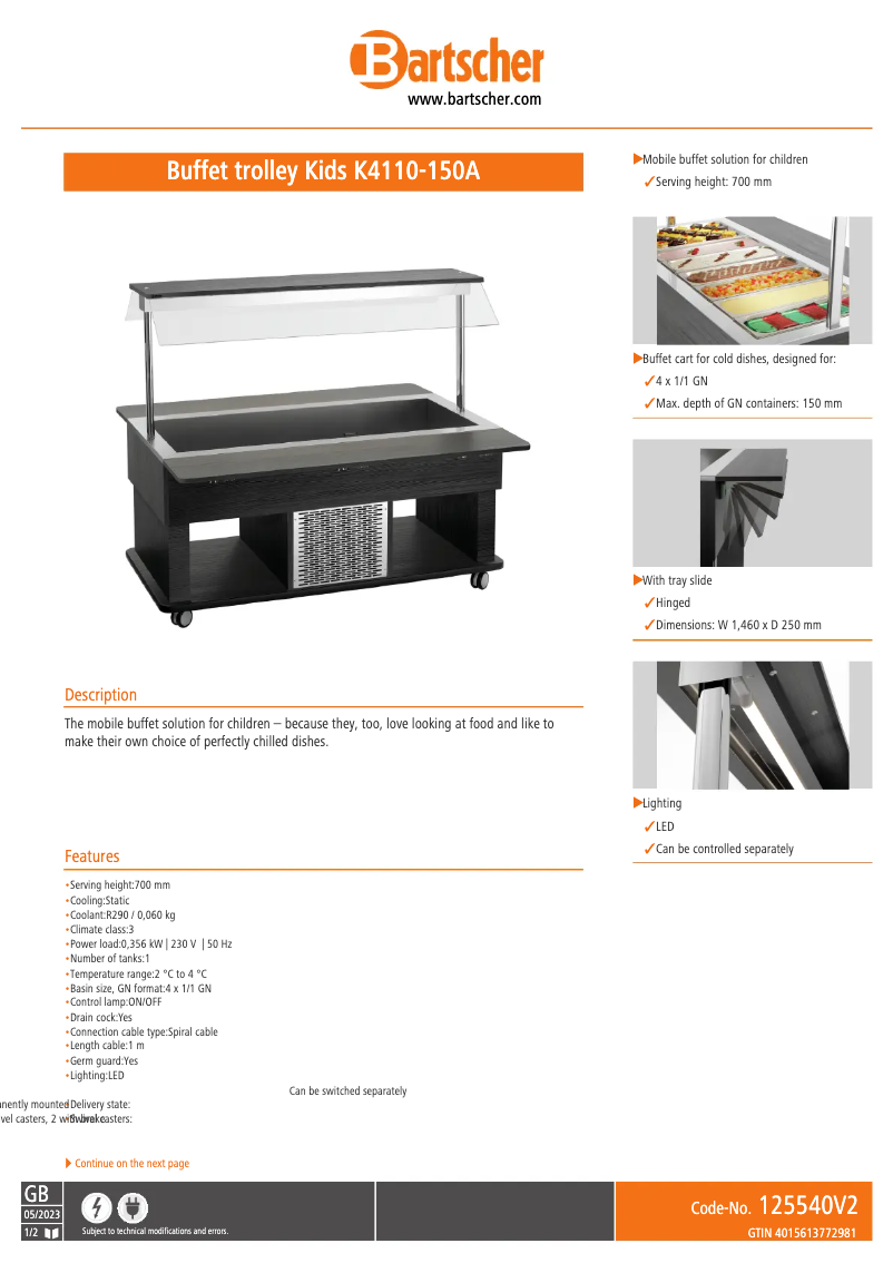 Page 1 de la notice Fiche technique Bartscher K4110-150A