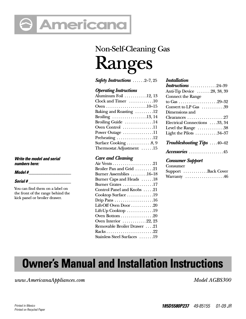 Page n°1 - Manuel d'utilisation et d'entretien Americana AGBS300EPWW