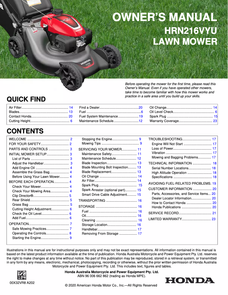 Page 1 of the manual User Manual Honda HRN216VYU