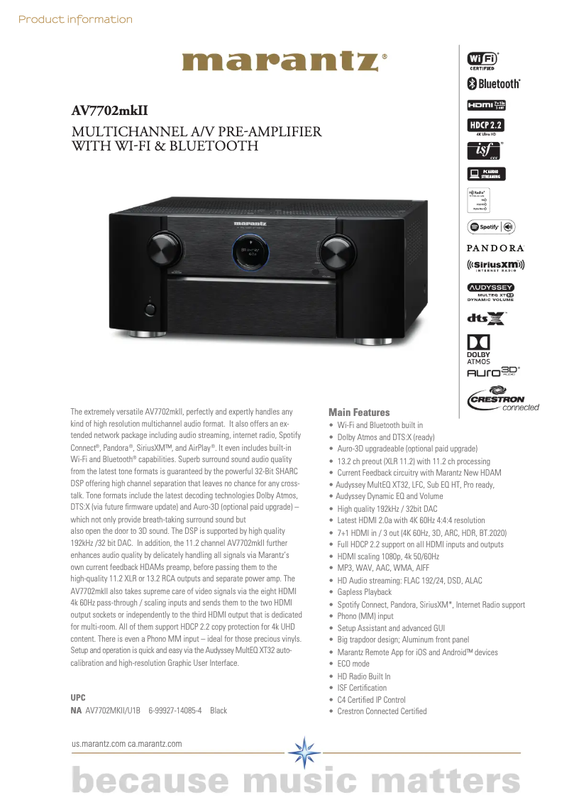 Page 1 de la notice Fiche technique Marantz AV7702mkII