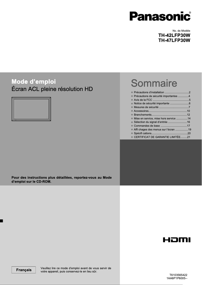 Page 1 de la notice Guide de démarrage rapide Panasonic TH-42LFP30W