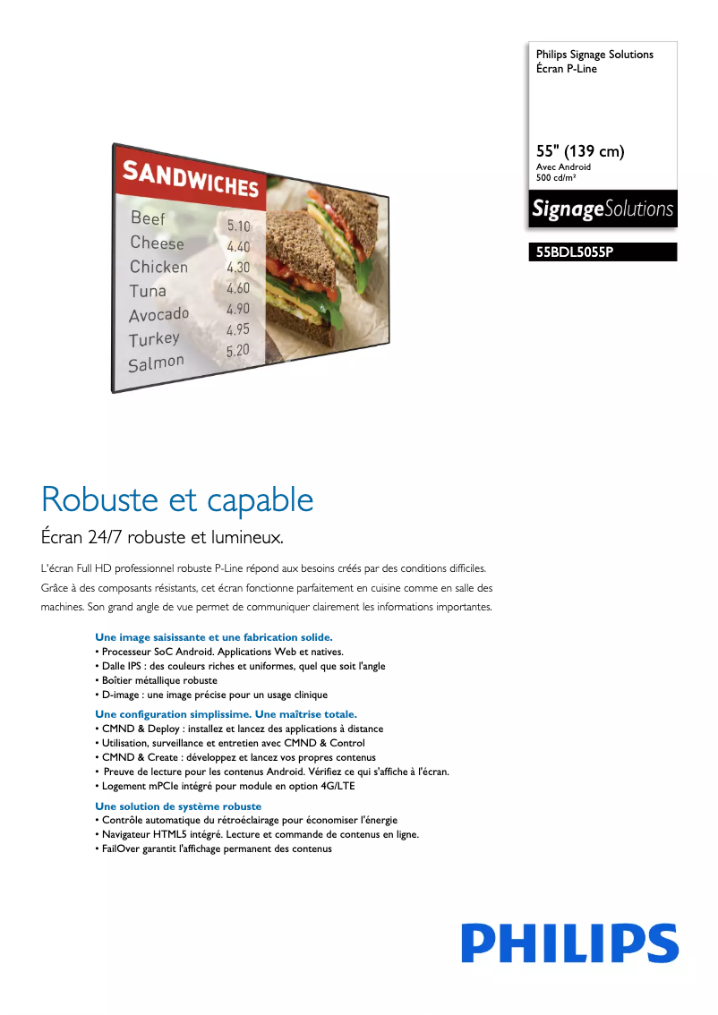 Page 1 de la notice Fiche technique Philips Signage Solutions 55BDL5055P