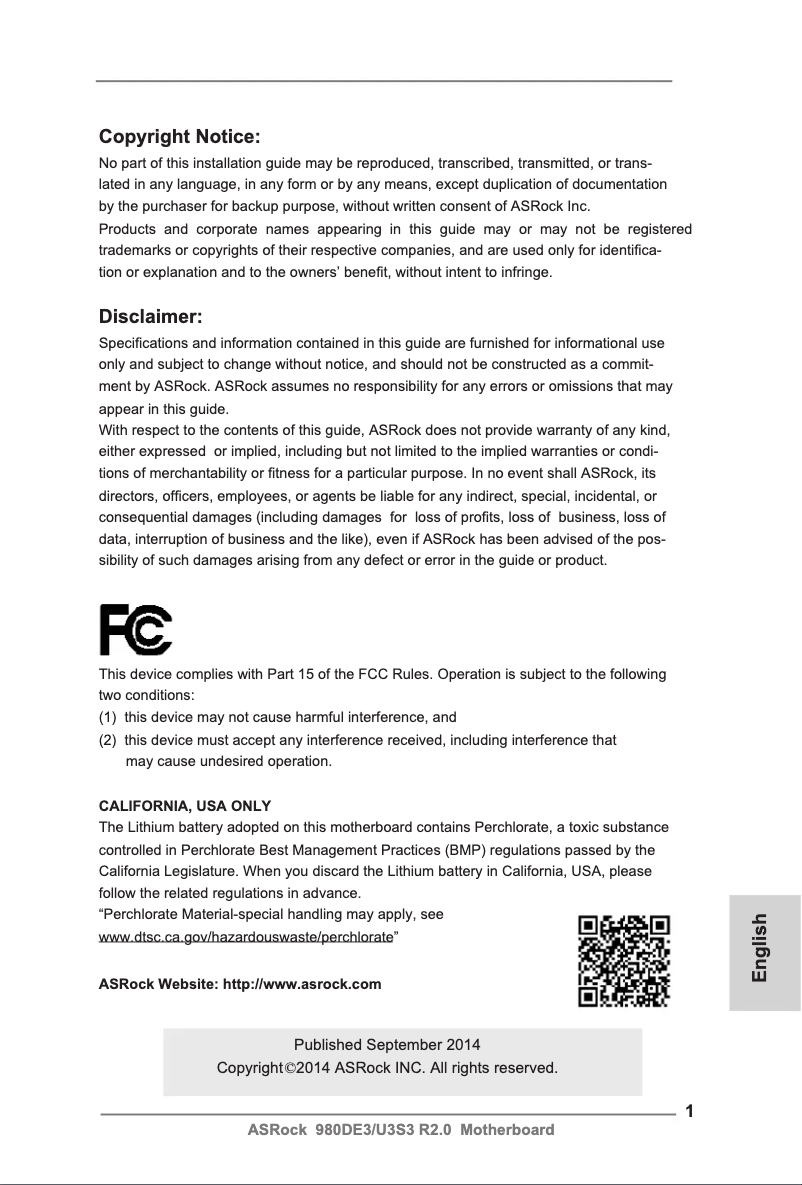 Page n°1 - Manuel utilisateur Asrock 980DE3/U3S3 R2.0