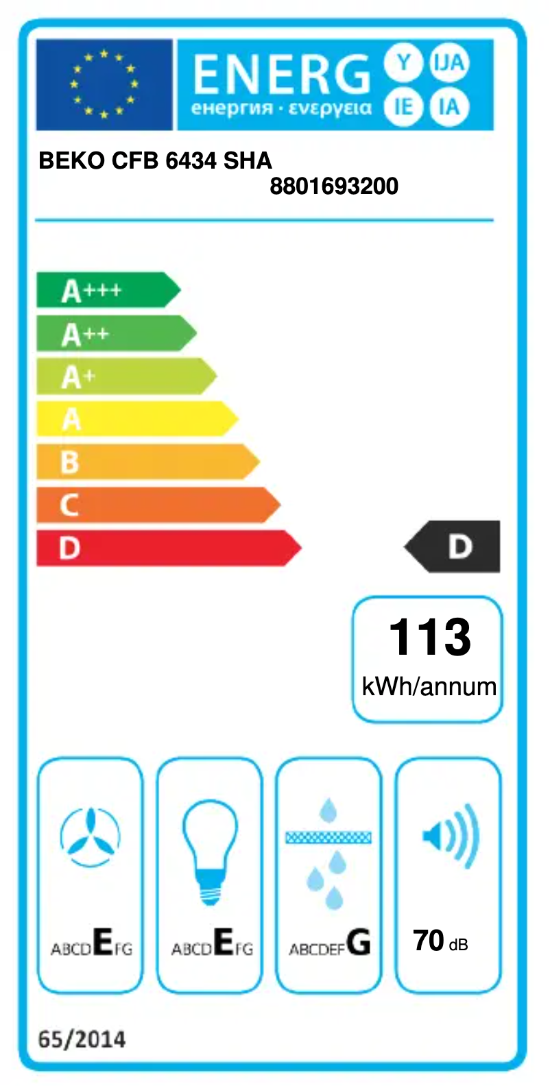 Page 1 de la notice Label énergétique Beko CFB 6434 SHA