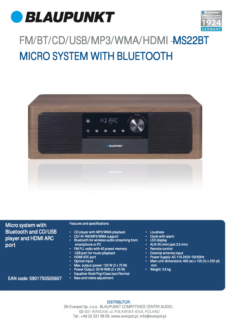 Página 1 del manual Ficha técnica Blaupunkt MS22BT