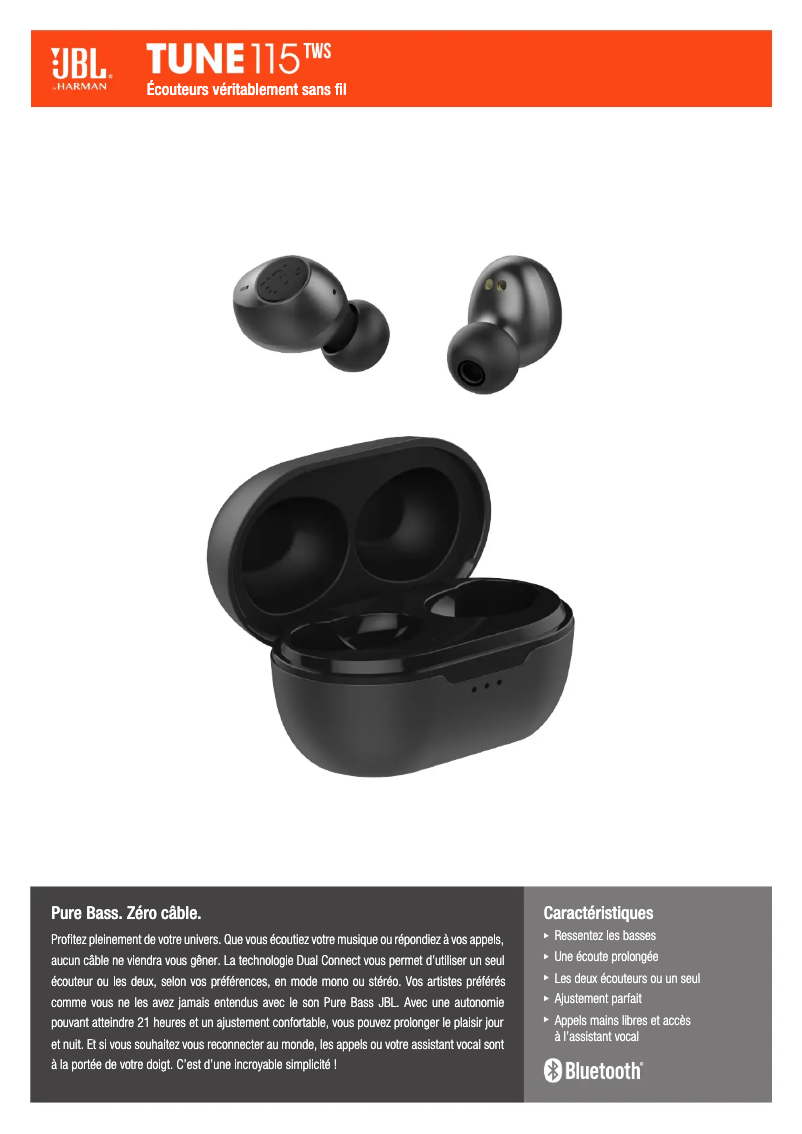 Page 1 de la notice Fiche technique JBL TUNE 115TWS