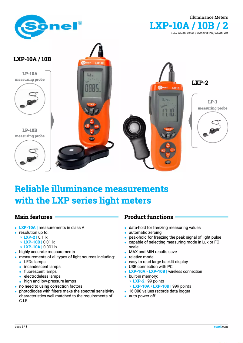 Page 1 de la notice Fiche technique Sonel LXP-2