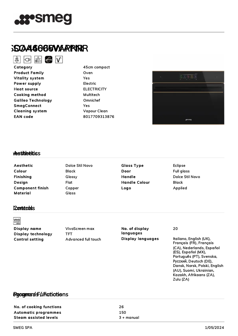 Page n°1 - Fiche technique Smeg SOA4606WAPNR
