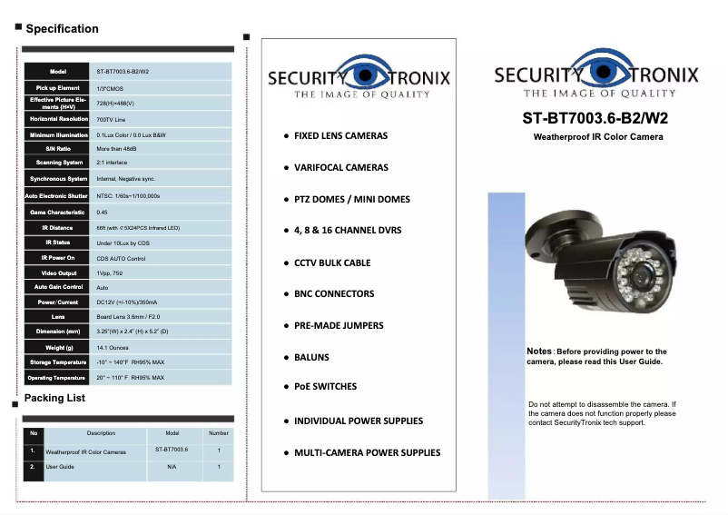 Page n°1 - Manuel utilisateur Security Tronix ST-BT7003.6-B2