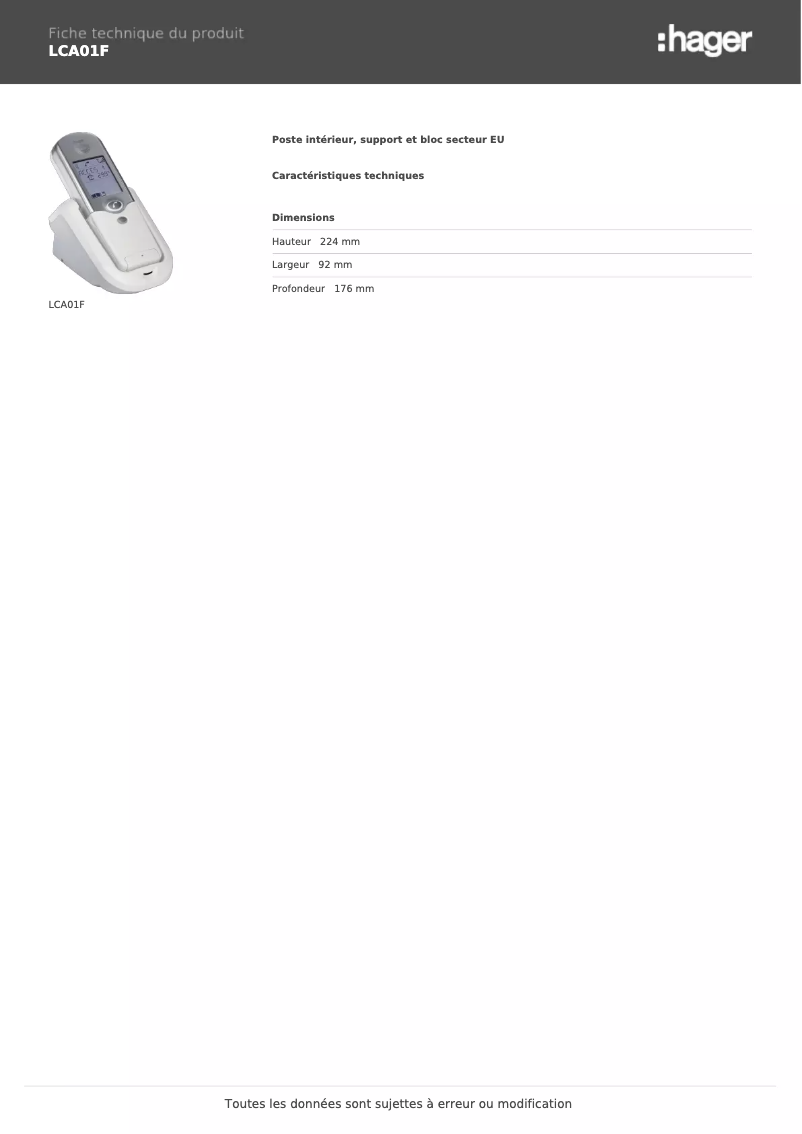 Page 1 de la notice Fiche technique Hager LCA01F