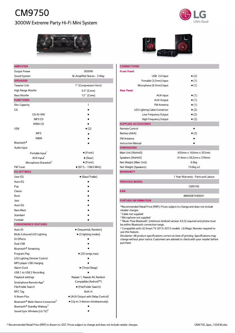 Página 1 del manual Ficha técnica LG CM9750