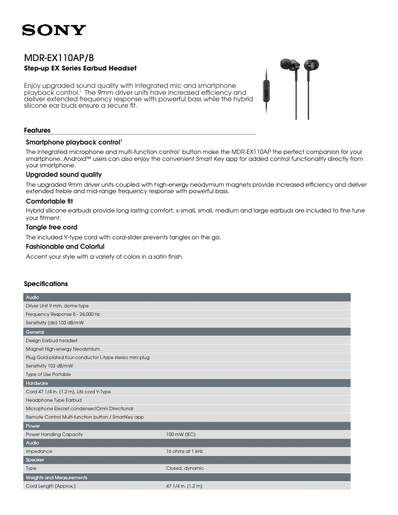 Image de la première page du manuel de l'appareil MDR-EX110AP