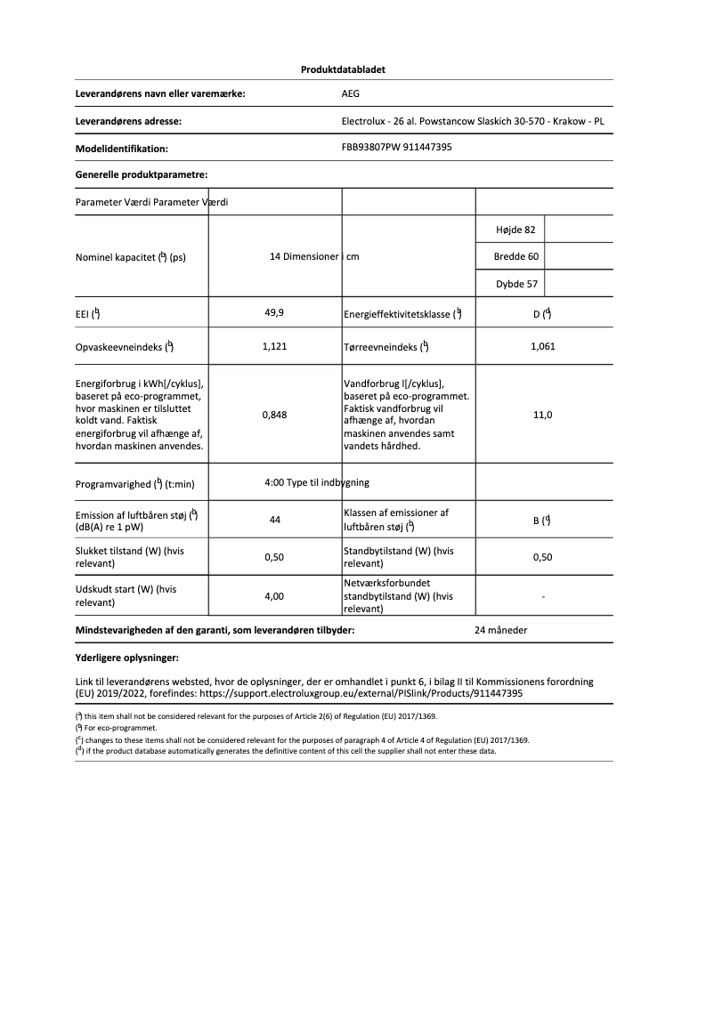 Página 1 del manual Ficha técnica AEG FBB93807PW