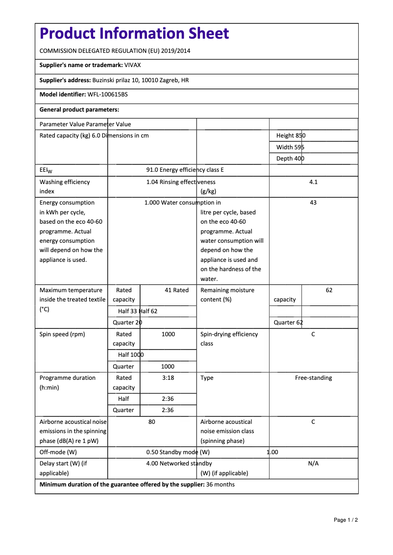 Page 1 de la notice Fiche technique Vivax WFL-100615BS