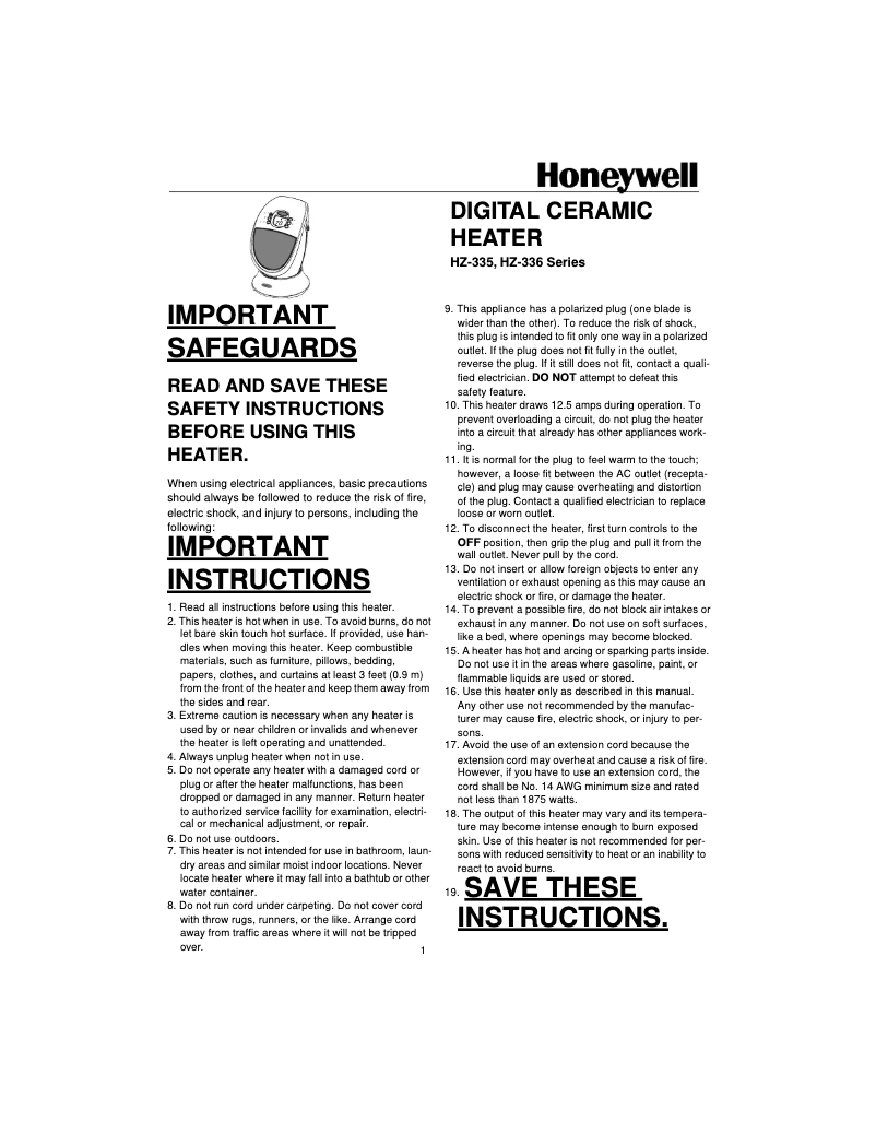 Page n°1 - Manuel utilisateur Honeywell HZ-335