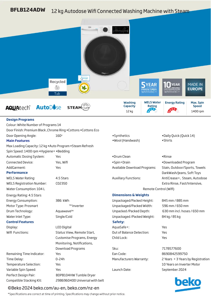 Page 1 de la notice Fiche technique Beko BFLB124ADW