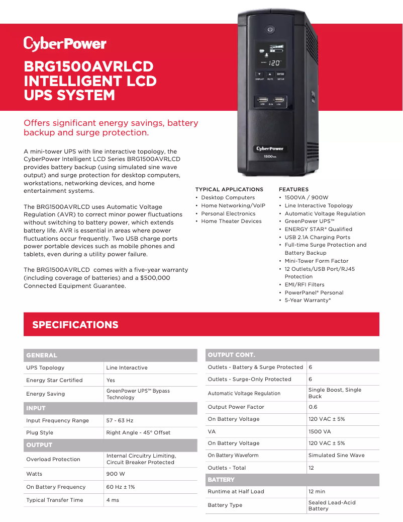 Page n°1 - Fiche technique CyberPower Intelligent LCD BRG1500AVRLCD