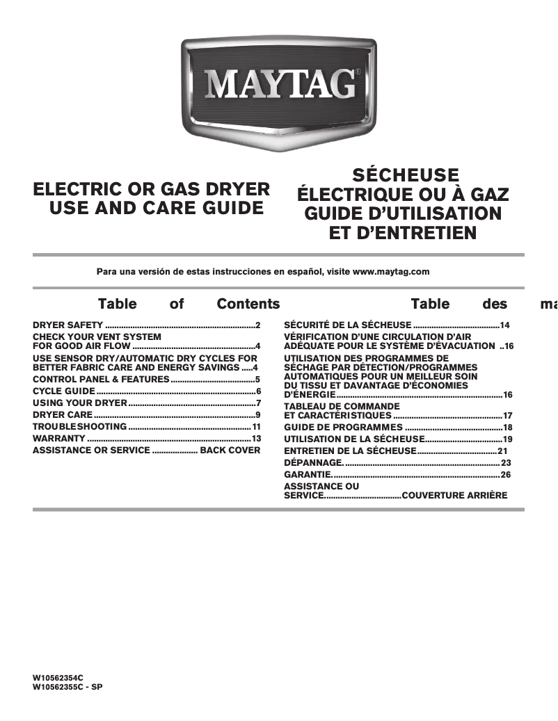 Page n°1 - Manuel d'utilisation et d'entretien Maytag MGDC555DW