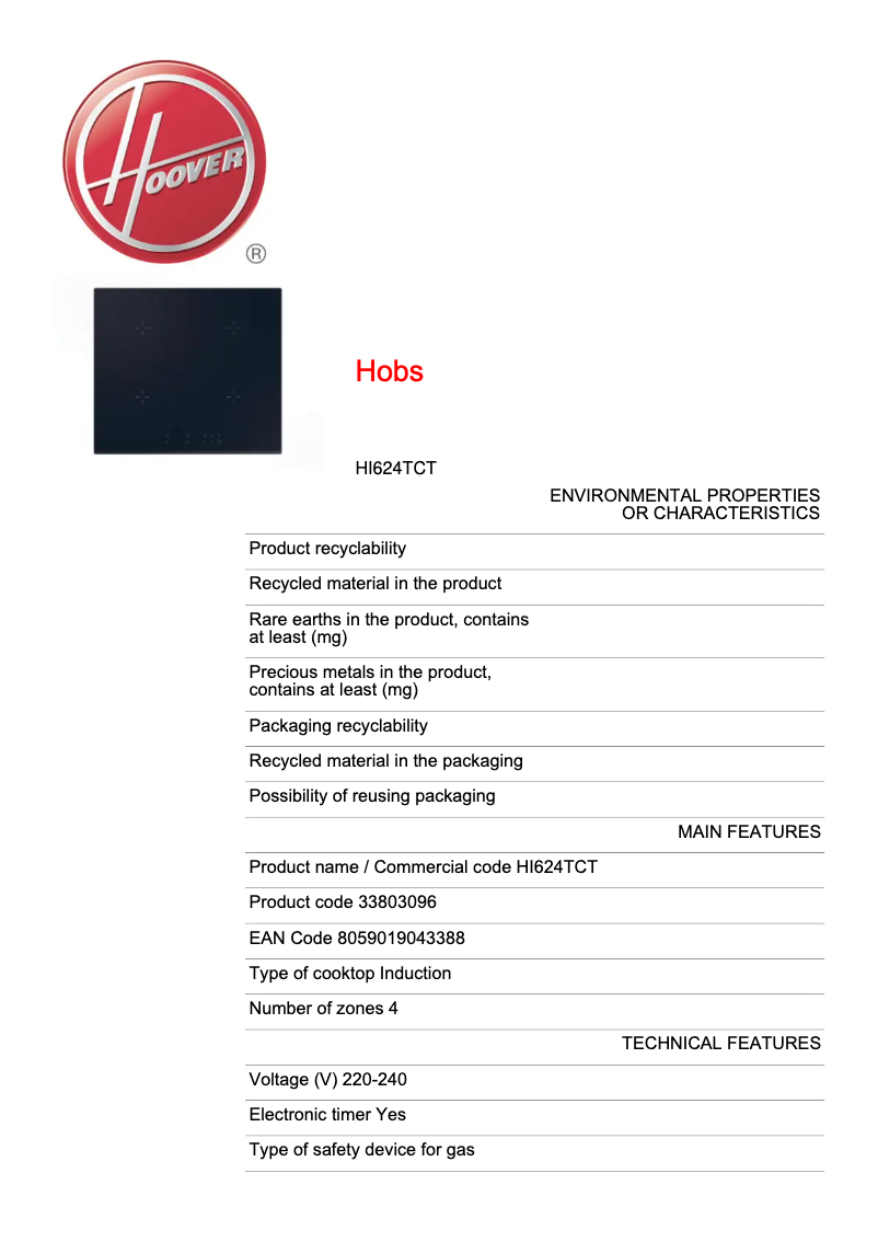 Página 1 del manual Ficha técnica Hoover HI624TCT