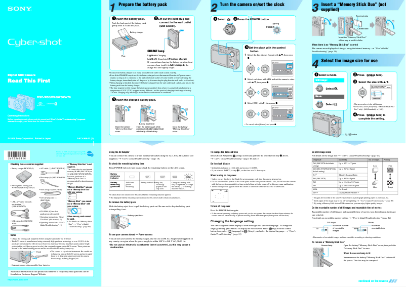 Page 1 de la notice Guide d'installation Sony Cybershot DSC-W70