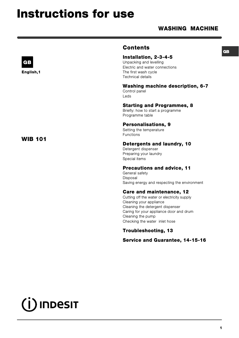 Image de la première page du manuel de l'appareil WIB 101 (UK)