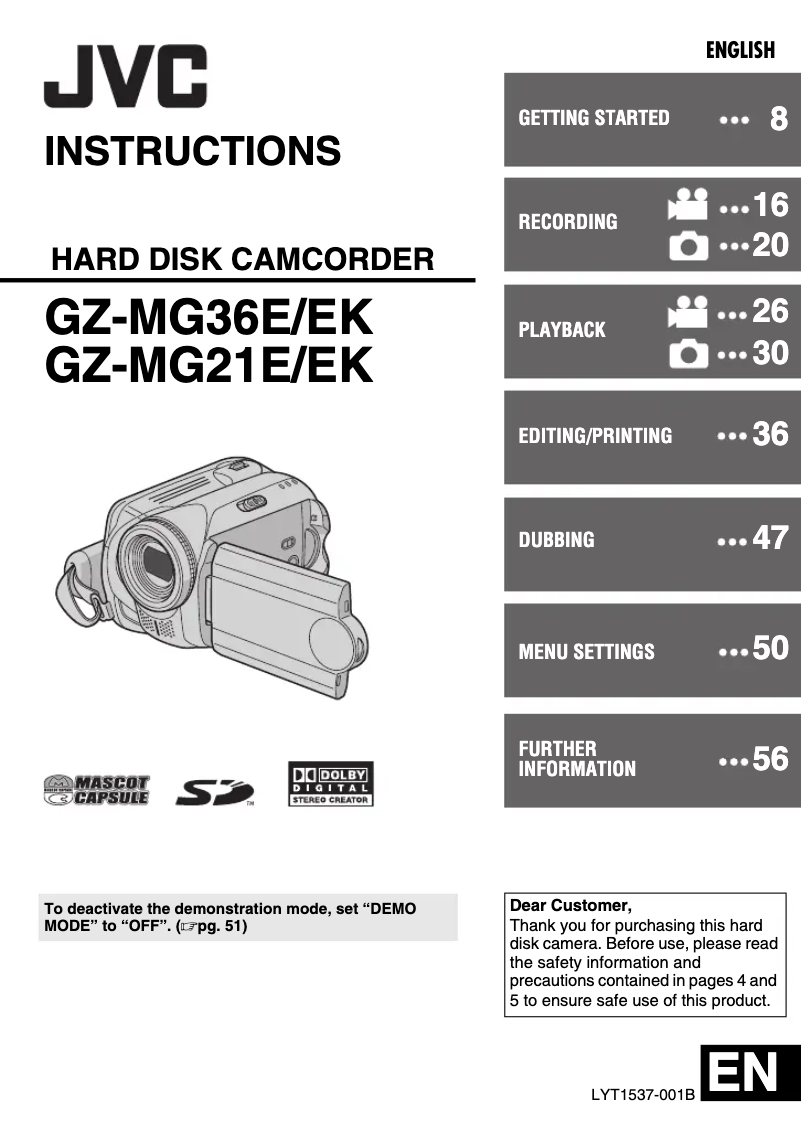 Image de la première page du manuel de l'appareil Everio GZ-MG36
