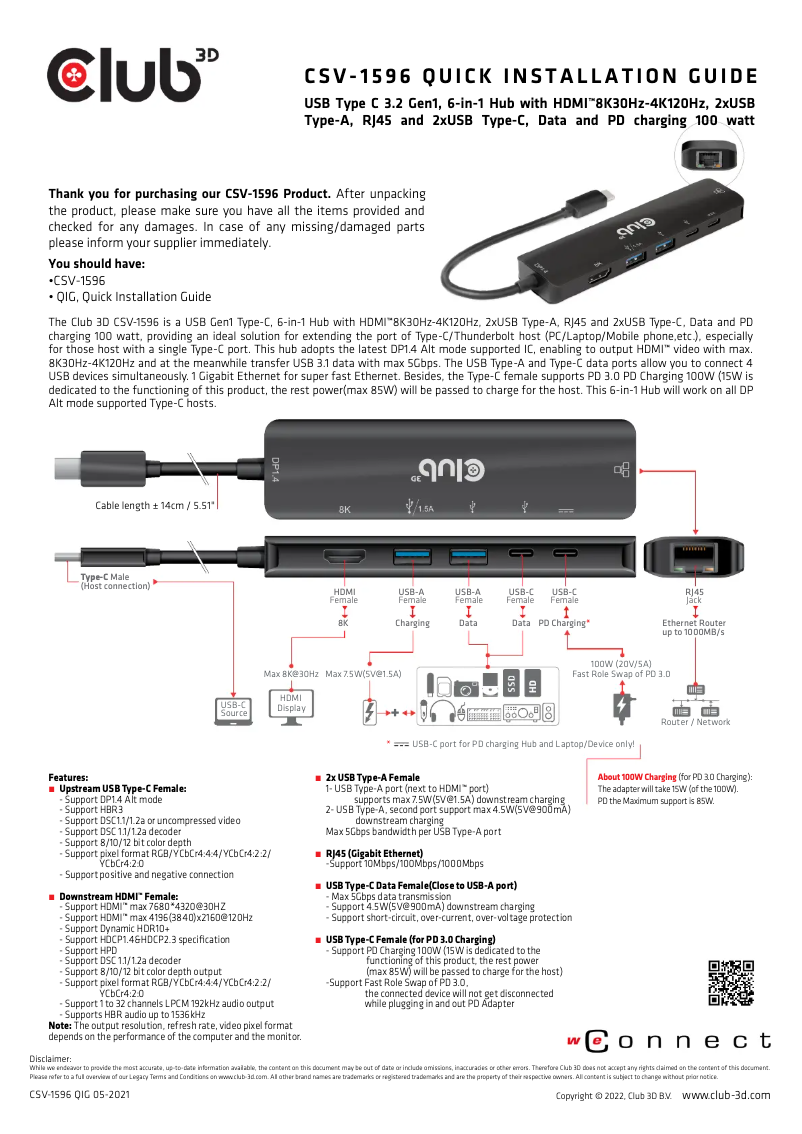 Page n°1 - Manuel utilisateur CLUB3D CSV-1596