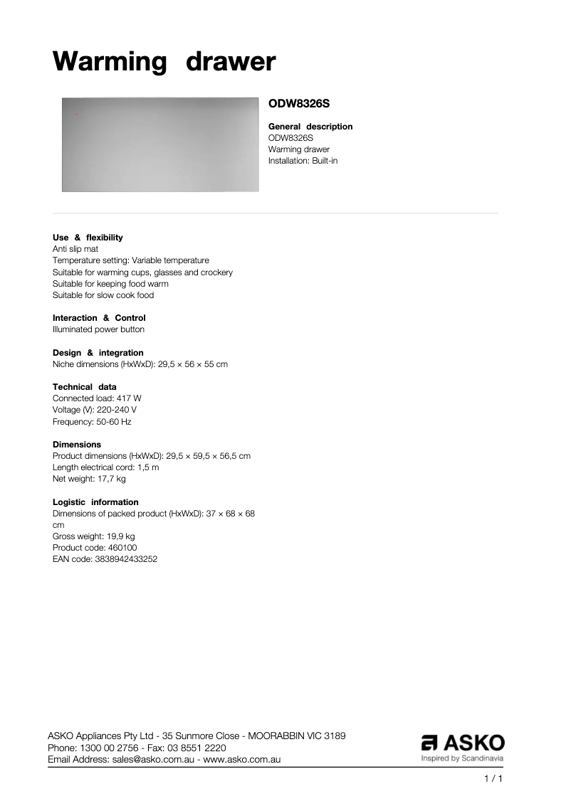 Page 1 de la notice Fiche technique Asko ODW8326S