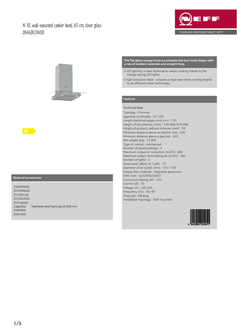 Page 1 de la notice Fiche technique Neff D64GBC0N0B