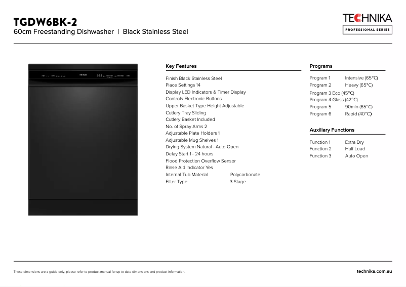 Page 1 de la notice Fiche technique Technika TGDW6BK-2