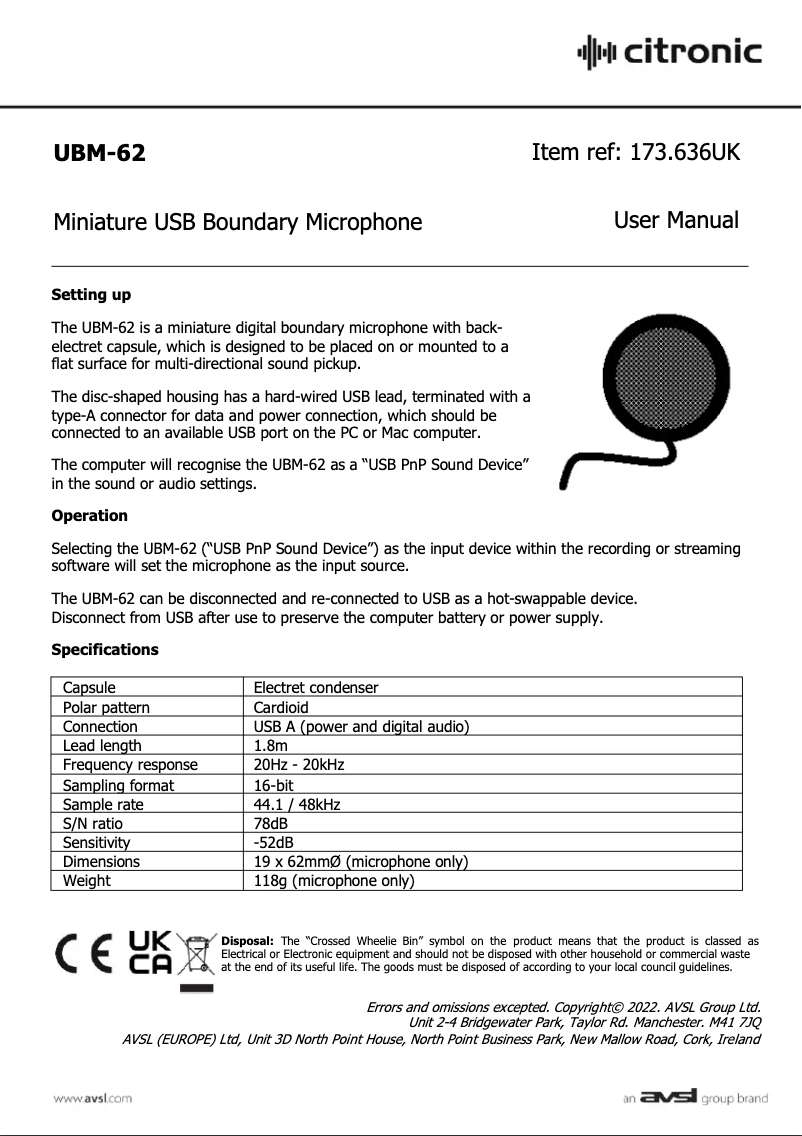 Page n°1 - Manuel utilisateur Citronic UBM-62