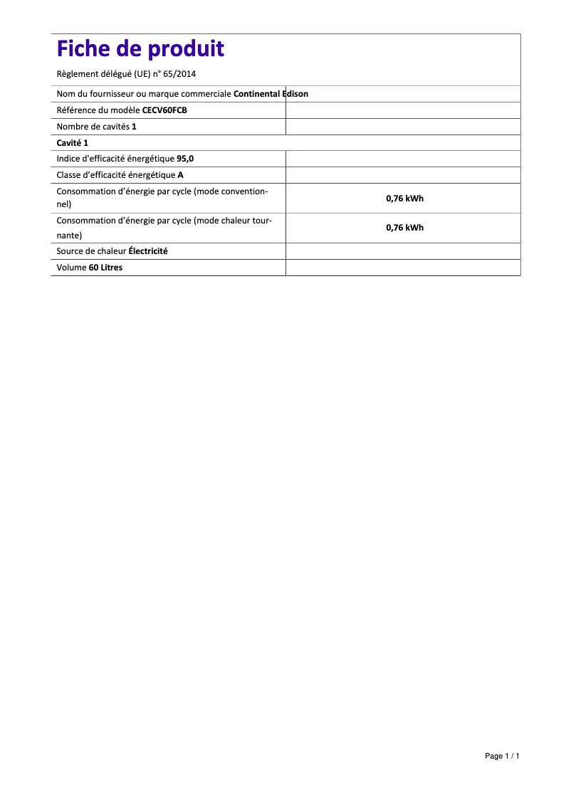 Page 1 de la notice Label énergétique Continental Edison CECV60FCS