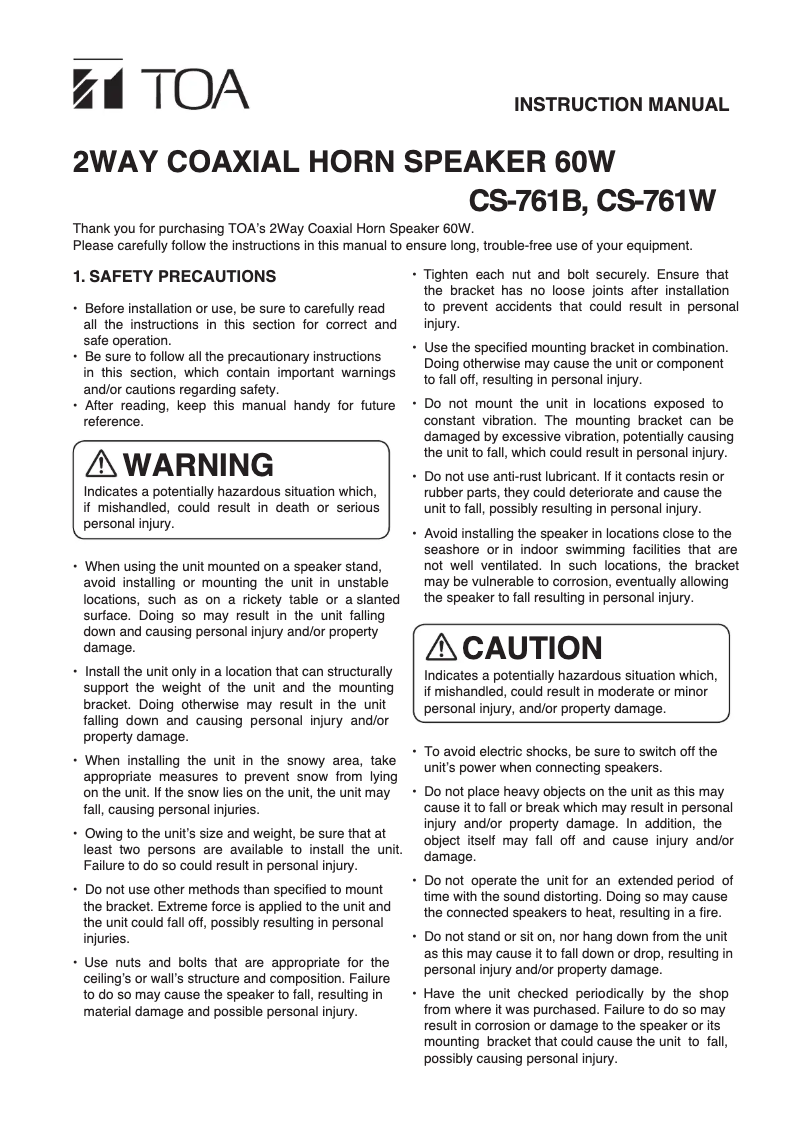 Page 1 de la notice Manuel utilisateur TOA CS-761