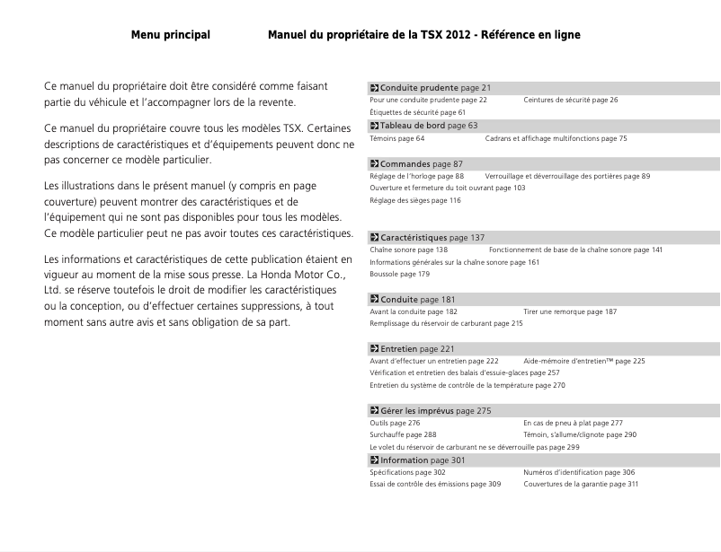 Page 1 de la notice Manuel utilisateur Acura TSX (2012)