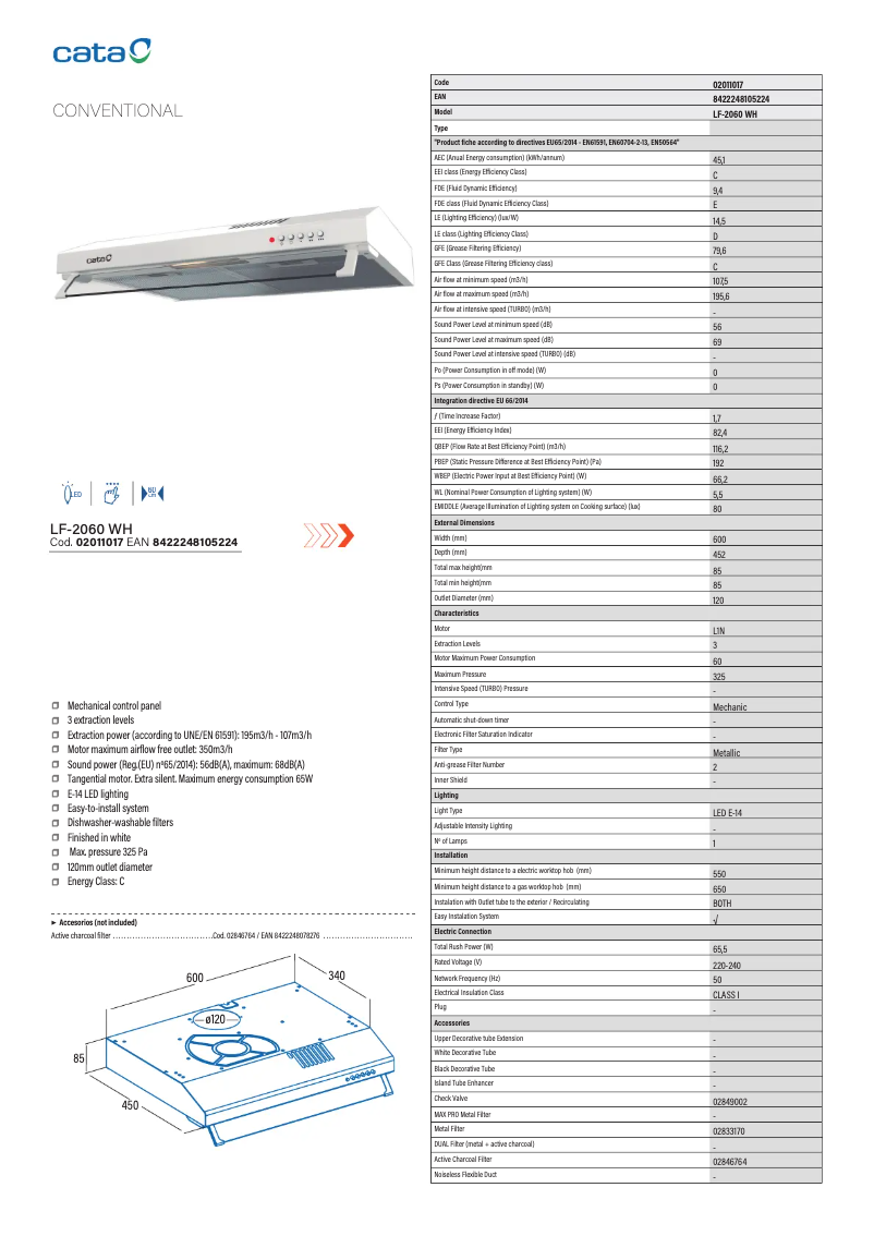 Page 1 de la notice Fiche technique CATA LF-2060 WH