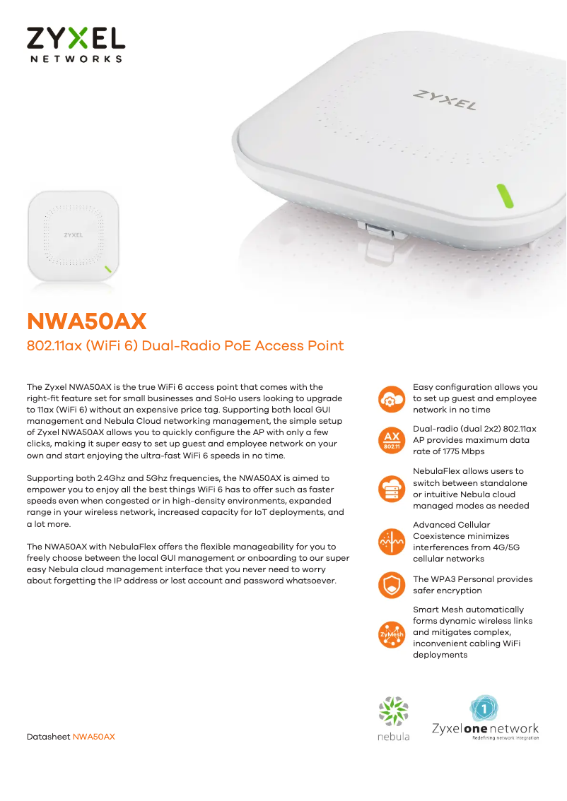 Page 1 of the manual Technical Sheet ZyXEL NWA50AX
