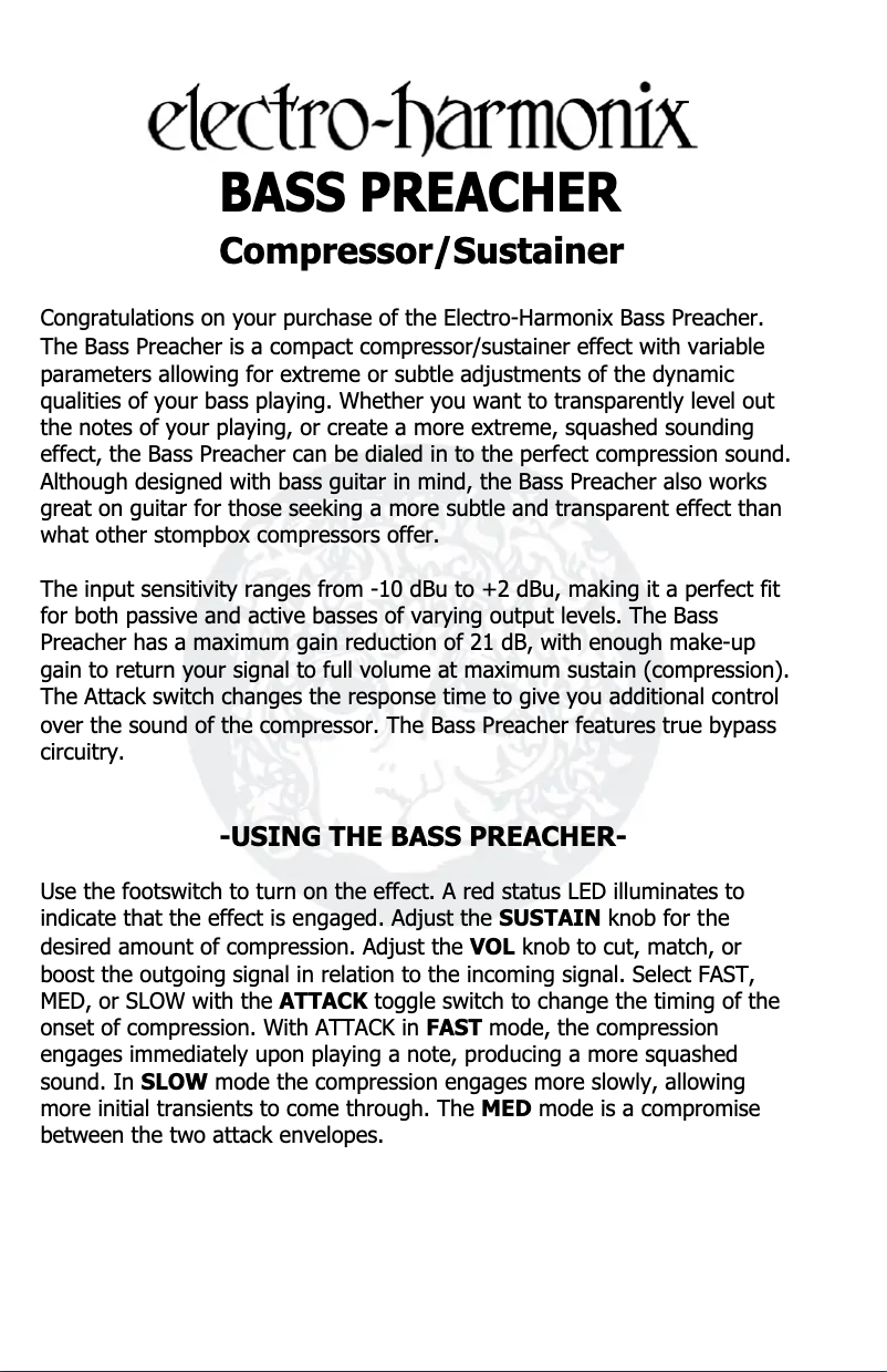 Page 1 de la notice Manuel utilisateur Electro Harmonix Bass Preacher