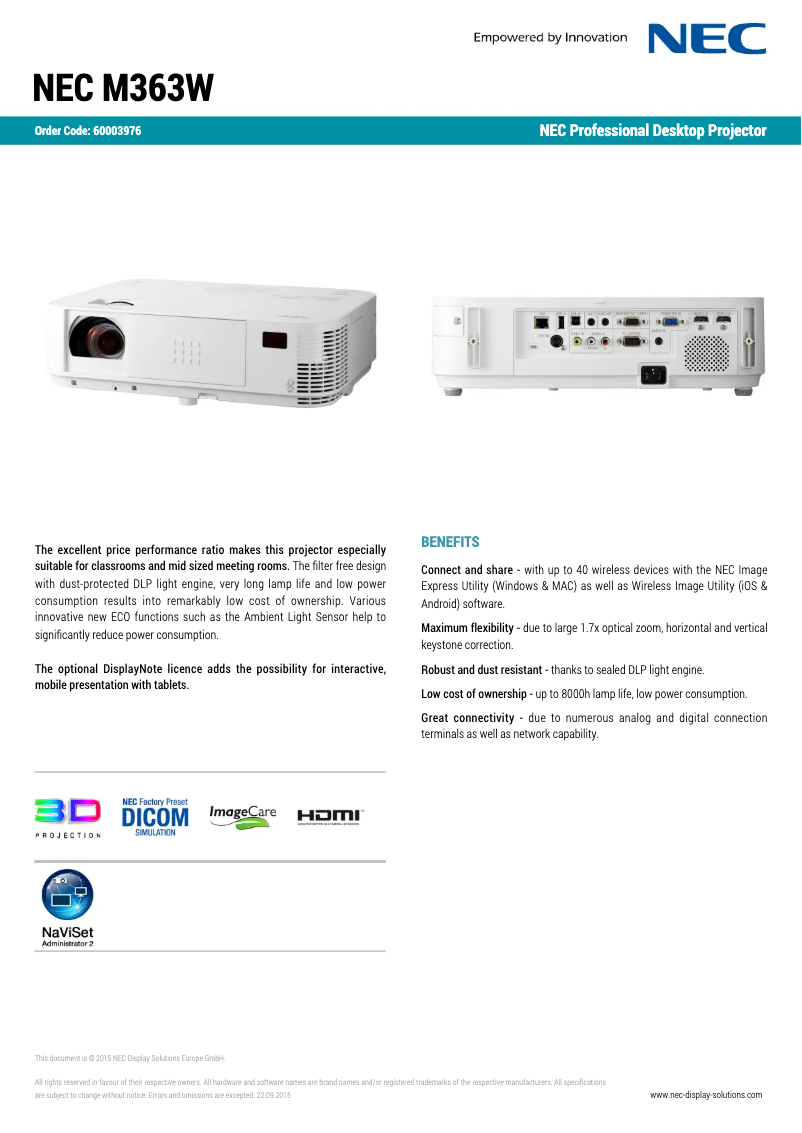 Page 1 de la notice Fiche technique NEC M363W