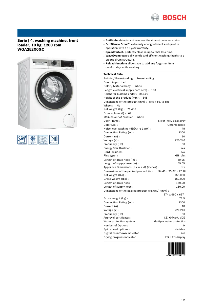 Page n°1 - Fiche technique Bosch WGA252X0GC