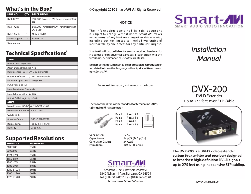Page 1 de la notice Manuel utilisateur Smart-AVI DVX-200MS