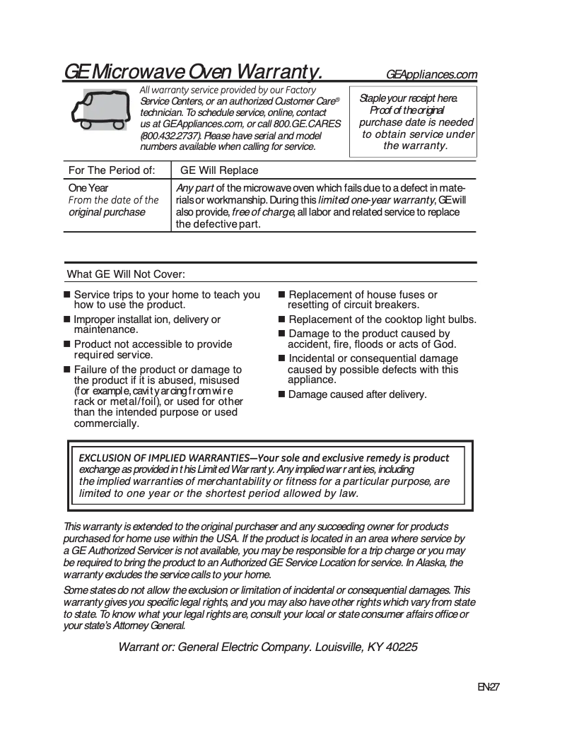 Page 1 de la notice Informations de garantie GE JVM3160EFES