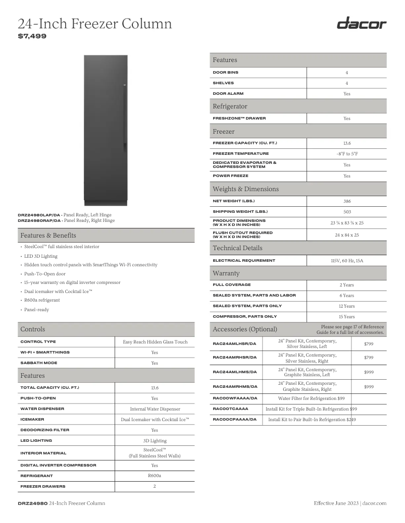 Page 1 de la notice Fiche technique Dacor RAC24AMRHMS