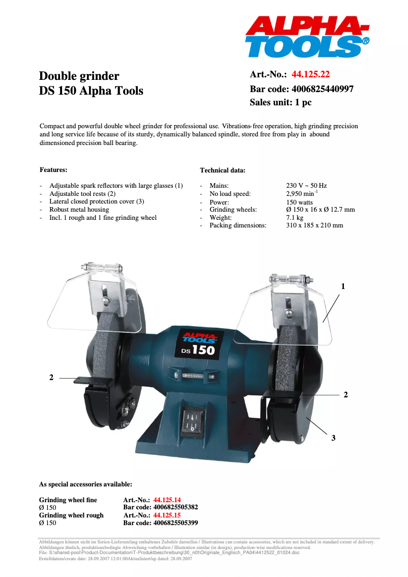 Página 1 del manual Ficha técnica Alpha Tools DS 150